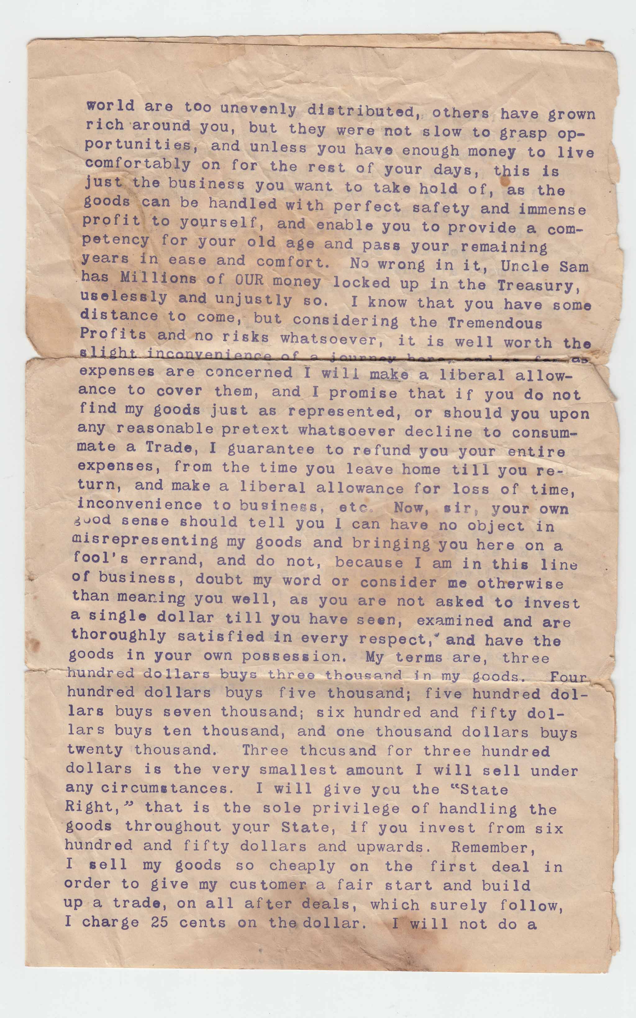 HBC006, 1890? Letter, Confidential Offering Counterfeit Bills